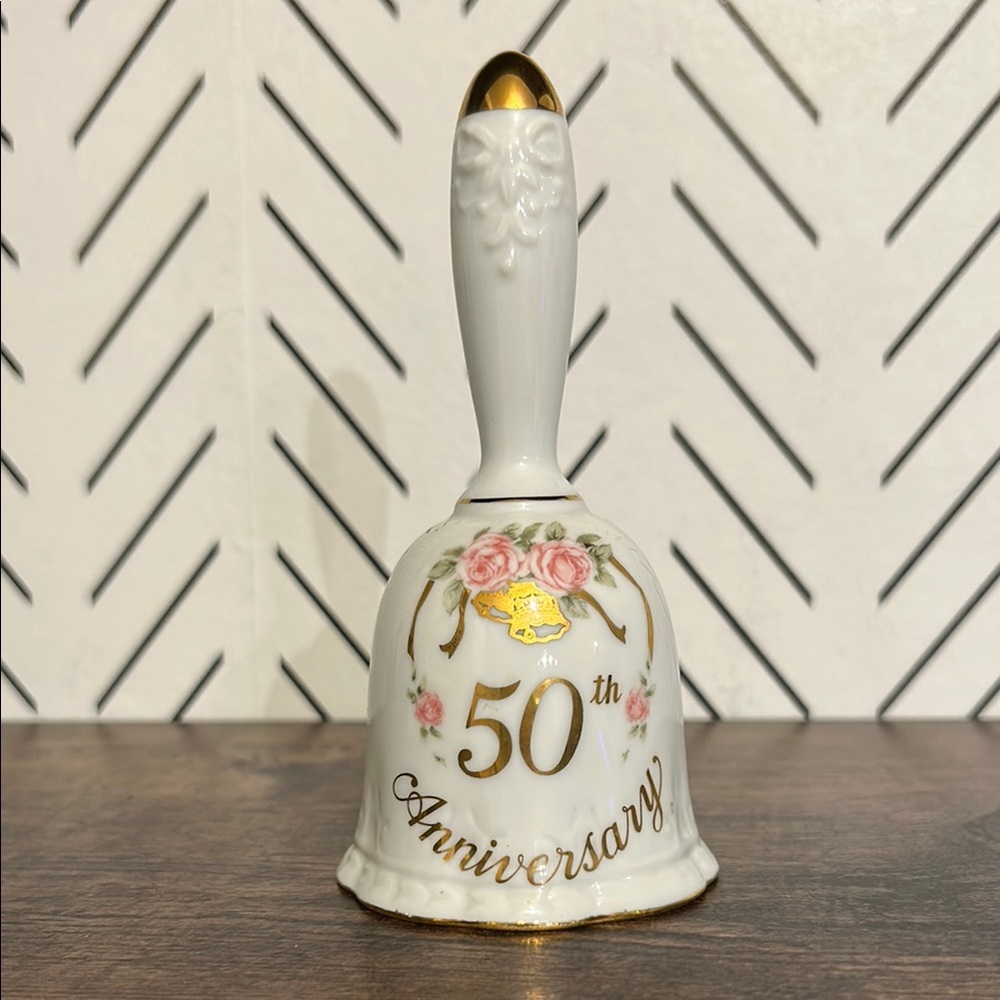 Lefton 50th Wedding Anniversary Bell Gold Detailing Floral Rose Pink Japan 1988